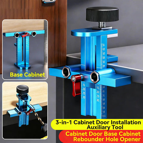 Zero Headache Cabinet Door And Drawer Alignment Jig Kit For Quick Woodworking Projects Adjustable Aluminum Fixture showcasing a blue alignment tool.