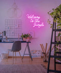 Welcome To The Jungle Neon Sign Pink LED Word Neon Light USB Powered Letter Light for Bedroom showcasing wall decor.