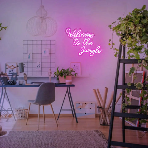 Welcome To The Jungle Neon Sign Pink LED Word Neon Light USB Powered Letter Light for Bedroom showcasing wall decor.