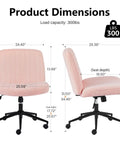 Criss Cross Chair With Wheels Wide Cross Legged Desk Vanity Chair In Teddy Pink shown with dimensions and weight capacity.