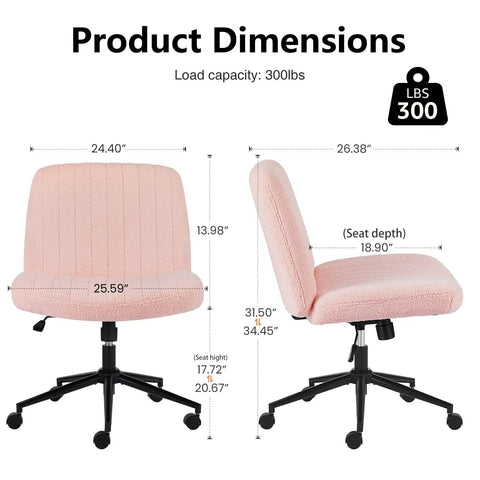 Criss Cross Chair With Wheels Wide Cross Legged Desk Vanity Chair In Teddy Pink shown with dimensions and weight capacity.