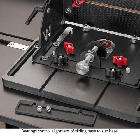 Close-up of Pro Grade Micro Adjustable Joinery Sled for Precise Box Joints, Miters and Angled Cuts, showing lead screw mechanism