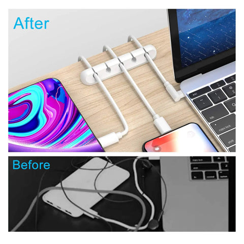 Before and after of White Cable Clips Cord Organizer Set 2 Pack Wire Management Clips for desk showing tidy cables