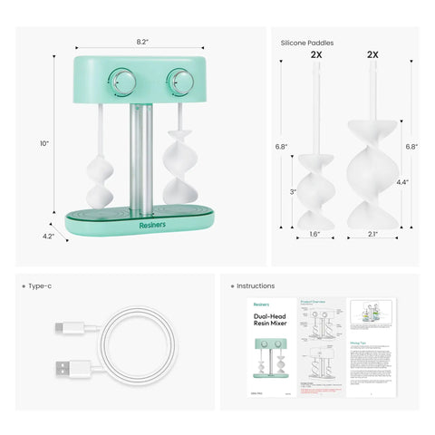 Dual Head Resin Mixer Rechargeable Epoxy Mixer With Stepless Speed For Minimal Bubbles Electric Spiral Paddle Silicone Resin Tools For Paint Mixing Soap Making Resin Art Craft Projects And DIY Patented, 10in device