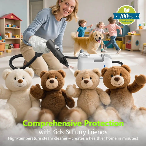High Performance 2500W Handheld Steam Cleaner With Auto Stop And 15 Piece Accessory Kit, cleaning plush toys in a child's playroom.