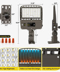 Switchable LED Parking Lot Light For Driveways And Lots 150W 180W 200W With 32000 Lumen, 5000K Daylight, showing dimensions and parts