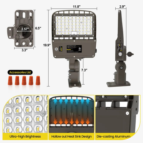 Switchable LED Parking Lot Light For Driveways And Lots 150W 180W 200W With 32000 Lumen, 5000K Daylight, showing dimensions and parts
