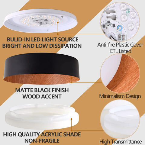Flush Mount LED Ceiling Light 13 Inch With Matte Black Finish And Wood Accent, 3000K Warm White, Dimmable 18W, components view