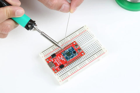 Pulsed Coherent Radar Sensor With Acconeer XM125 Qwiic, STMicroelectronics 60GHz Radar Module, STM32L431CBY6 MCU, 20 Meter Range, Low Power, See Through Walls And Cabinets, Perfect For Battery Powered Sensing, 1.0x2.0 Inch Board on breadboard