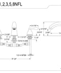 Technical diagram of NuWave French Roman Tub Faucet In Polished Brass With Solid Brass Build 7 GPM Flow At 80 PSI 1/4 Turn Washerless Cartridge