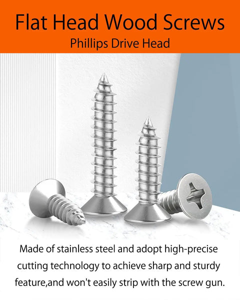 Straight Up Hella Durable 200 Pack Flat Head Self Tapping Stainless Steel Screws Low Profile Countersunk Design For Thin Boards Includes Kickass Ph00 Driver Bit And Handy Storage Case For Quick Fix Ups, showcasing stainless steel flat head screws.