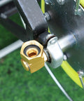 Brass Garden Hose Reel Replacement Fitting Three Quarter Inch GHT Female To One Half Inch NPT Male Swivel Elbow Adapter 4.72 Inch Length 1 Pack Includes Gasket Set And Sealing Tape For Leak Free Installation, installed on hose reel