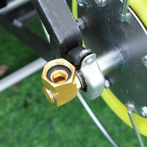 Brass Garden Hose Reel Replacement Fitting Three Quarter Inch GHT Female To One Half Inch NPT Male Swivel Elbow Adapter 4.72 Inch Length 1 Pack Includes Gasket Set And Sealing Tape For Leak Free Installation, installed on hose reel