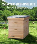 Wooden 8 frame bee hive starter kit with deep brood box and medium super in a grassy field