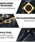 Close-up of Slab Flattening Router Bit With One Quarter Inch Shank And One And A Quarter Inch Cutting Diameter Tungsten Carbide Inserts, showing replaceable, rotatable blades with TiN coating.