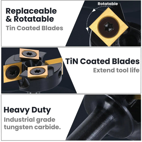 Close-up of Slab Flattening Router Bit With One Quarter Inch Shank And One And A Quarter Inch Cutting Diameter Tungsten Carbide Inserts, showing replaceable, rotatable blades with TiN coating.