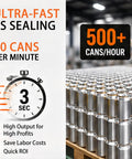 Automatic Can Sealing Machine For Aluminum And PET With 360 Degree Seam Technology Commercial Grade 140W Seamer showing quick sealing ability and stacked cans.