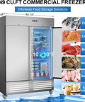 Heavy Duty Two Door Upright Commercial Freezer In Stainless Steel Featuring Eight Adjustable Shelves And Reliable Precision Temp Controls with interior layout showing food items.
