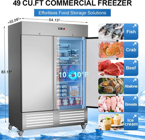 Heavy Duty Two Door Upright Commercial Freezer In Stainless Steel Featuring Eight Adjustable Shelves And Reliable Precision Temp Controls with interior layout showing food items.