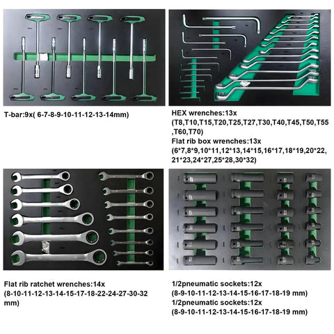 348-piece tool set from 13 Drawer Rolling Tool Cart With Wood Worktop, featuring wrenches and sockets organized in tray.
