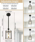 Farmhouse Pendant Light With Seeded Glass And Metal Cage, adjustable height options, shown with rustic wood finish installation.