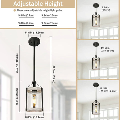 Farmhouse Pendant Light With Seeded Glass And Metal Cage, adjustable height options, shown with rustic wood finish installation.