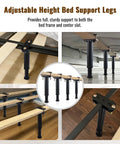 Heavy Duty Adjustable Bed Support Legs 4 Pack Fix That Wobbly Frame Fast Hella Sturdy Plastic Reinforcements For Slat And Wood Beds No More Nighttime Creaks Easy Height Tuning From 7.8 To 13 Inches Upgrade Kit shown in various angles supporting bed frames.