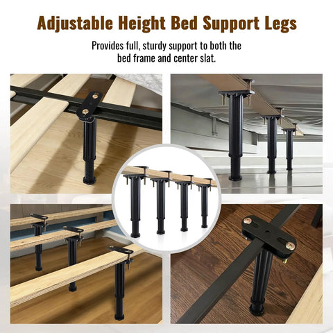 Heavy Duty Adjustable Bed Support Legs 4 Pack Fix That Wobbly Frame Fast Hella Sturdy Plastic Reinforcements For Slat And Wood Beds No More Nighttime Creaks Easy Height Tuning From 7.8 To 13 Inches Upgrade Kit shown in various angles supporting bed frames.