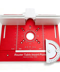 Heavy Duty Aluminum Router Table Insert Plate With Rock Solid Miter Guide Dual Metric Imperial Angle Scales And Rotating Sliding Ruler For Hassle Free Woodworking Setup Red with movable fence and angle guide