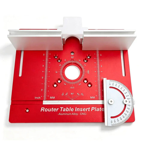 Heavy Duty Aluminum Router Table Insert Plate With Rock Solid Miter Guide Dual Metric Imperial Angle Scales And Rotating Sliding Ruler For Hassle Free Woodworking Setup Red with movable fence and angle guide