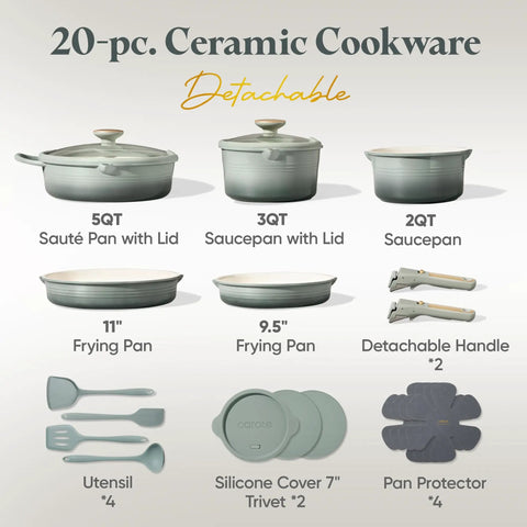 Titanium Nonstick 20 Piece Cookware Set With Detachable Handles including pots, pans, utensils, and silicone covers.