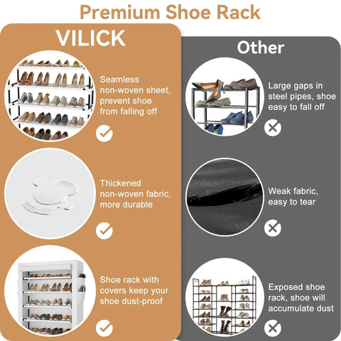 Comparison of five tier shoe rack with cover holds 20 to 24 pairs of shoes, large vertical shoe organizer for closet front door dorm or garage white, space saving, detachable and stackable, fits boots sneakers and heels.