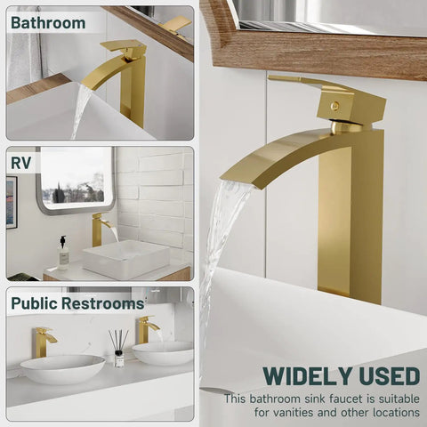Brushed Gold Vessel Sink Faucet With Waterfall Design Tall Spout Single Handle Single Hole DIY Friendly Installation