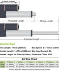 Built Tough 12V Linear Actuator With 10 Inch Stroke And Mounting Bracket, 900N Lift, IP65 Waterproof, size chart, specifications