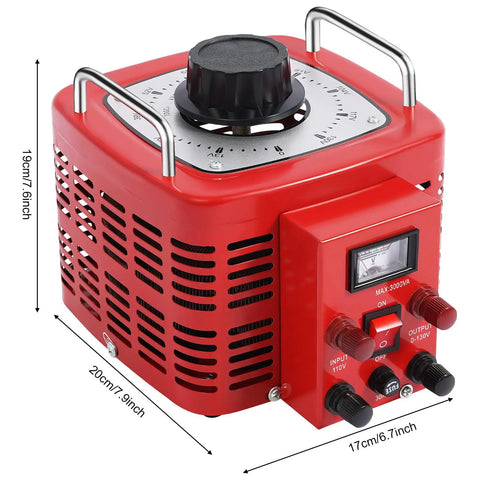 Front view of red Beefy 3000W Variac Transformer With 0 To 130V Output 3000VA Metered Voltage Regulator with handles and voltage dial.