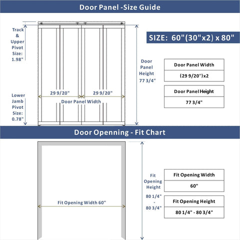Diagram showing Space-Saving Bi-Fold Doors for 60 by 80 Inch Openings with size guide and fit chart.