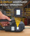 Cordless Electric Strapping Tool For Pet And Pp Straps Featuring Adjustable Tension Up To 3500N displaying LCD with operational settings.