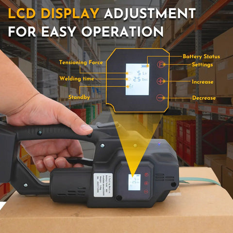 Cordless Electric Strapping Tool For Pet And Pp Straps Featuring Adjustable Tension Up To 3500N displaying LCD with operational settings.