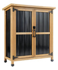 Outdoor Wood And Metal Storage Cabinet With Waterproof Roof For Garden Tools Magnetic Door Four T Hinges