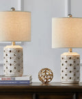 Farmhouse Ceramic Table Lamp Set Of 2 18.5 Inch Open Diamond Motif With Drum Linen Shade Cozy Warm Ambient Light For Living Room