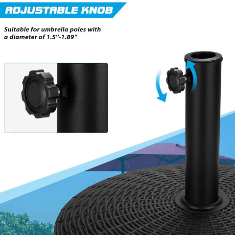 Adjustable knob on Beefy 52 Pound Heavy Duty Umbrella Base With Brakeable Wheels For Outdoor Use Fits Market Umbrellas 1.5 To 1.89 Inch Poles Resin Patio Stand For Deck Porch Poolside Black