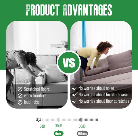 Comparison image showing benefits of Premium Square Furniture Sliders For Chairs And Tables 16 Pack Heavy Duty Glide Pads for moving furniture.