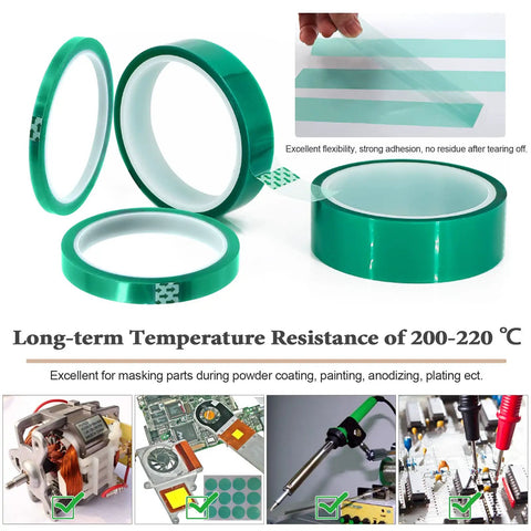 All In One 105Pcs Powder Coating Plug Kit With Heat Resistant Silicone Rubber Tapered Plugs And PET Masking Tape For Powder Coating Systems Plating Media Blasting And Hydro Dipping showcasing green heat resistant PET masking tape rolls.