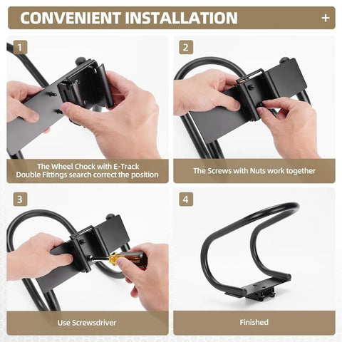 Four Pack E Track Wheel Chocks for Enclosed Trailers assembly and installation steps with tools and fittings shown.