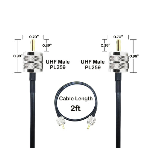 RG58 Coax Cable 2 Feet Solid Copper Core Low Loss Shielded Beefy For SWR Meter CB Radio with UHF PL-259 connectors