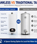 Compact Tankless Electric Water Heater Brings Straight Up Instant Hot Water On Demand Featuring A Slick Led Display And Hella Efficient 3500W Core compared to traditional tank water heater.