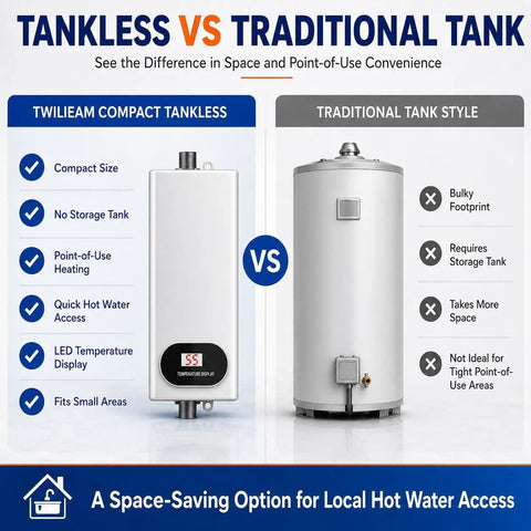 Compact Tankless Electric Water Heater Brings Straight Up Instant Hot Water On Demand Featuring A Slick Led Display And Hella Efficient 3500W Core compared to traditional tank water heater.