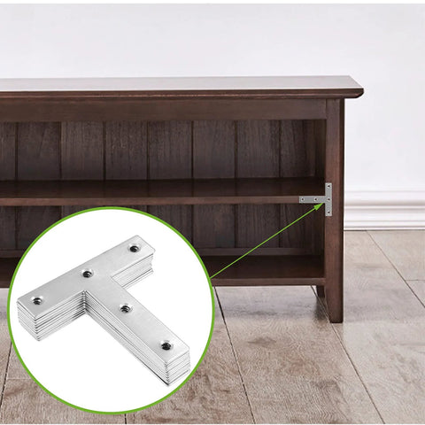 12 Piece T Shaped Mending Plates 3.1 By 3.1 Inch Stainless Steel Flat Corner Brackets attached to wooden furniture for reinforcement