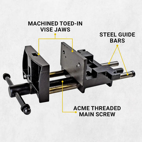 7 Inch Heavy Duty Woodworking Vise With Ductile Iron Body, featuring machined toed-in vise jaws and steel guide bars