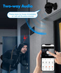 Outdoor Wired 2K Security Camera With Starlight Color Night Vision AI Human Detection And Auto Tracking showing two-way audio feature.
